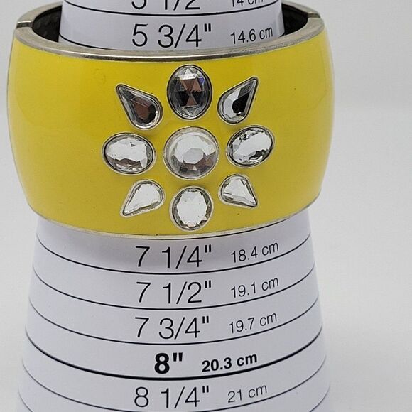 Clamp Cuff Bangle Thick Chunky Yellow Enameled Rhinestone Flower Statement - Picture 3 of 11